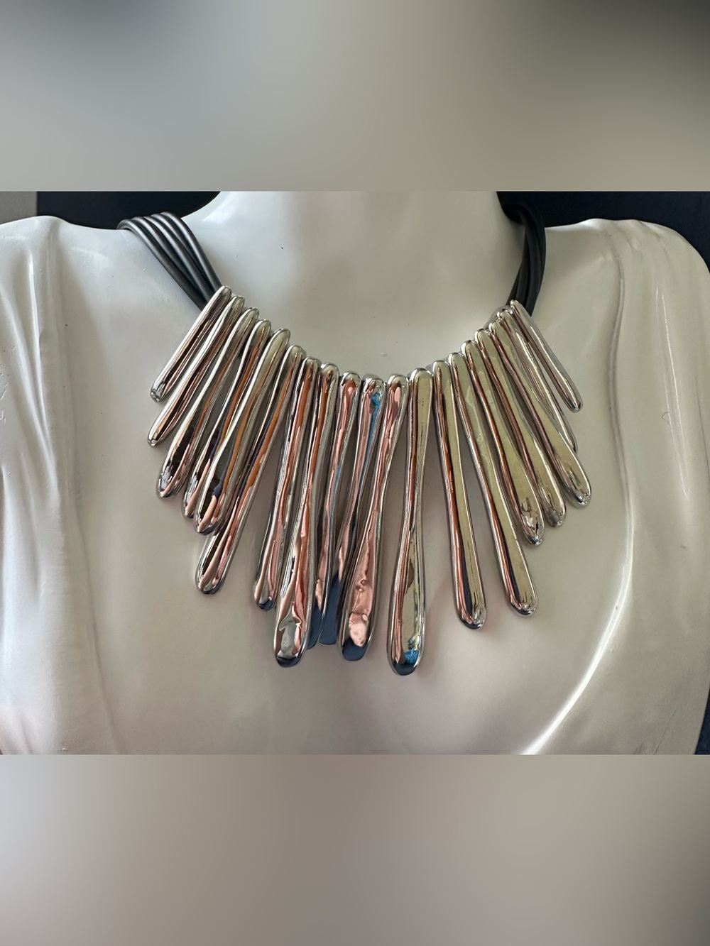 Silver Tone Thick Fringe Vintage Multi Rubber Bib Necklace Tribal Look